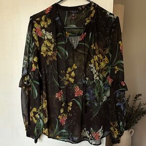 Grace Black Floral Sheer Blouse - Yellow & Green Botanical Print- Size Medium